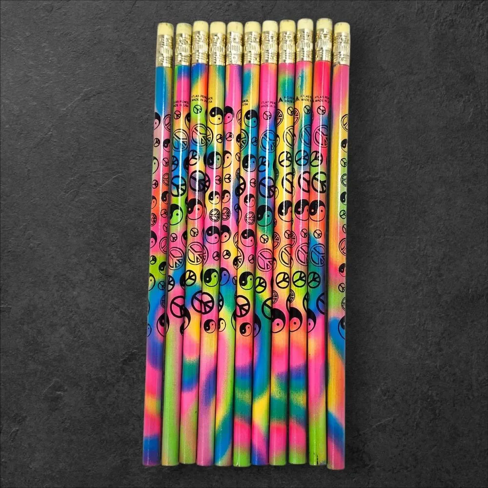 13 Vintage Atlas Pencils 90s Tie Dye Peace Yin Yang Neon Made in USA Unsharpened